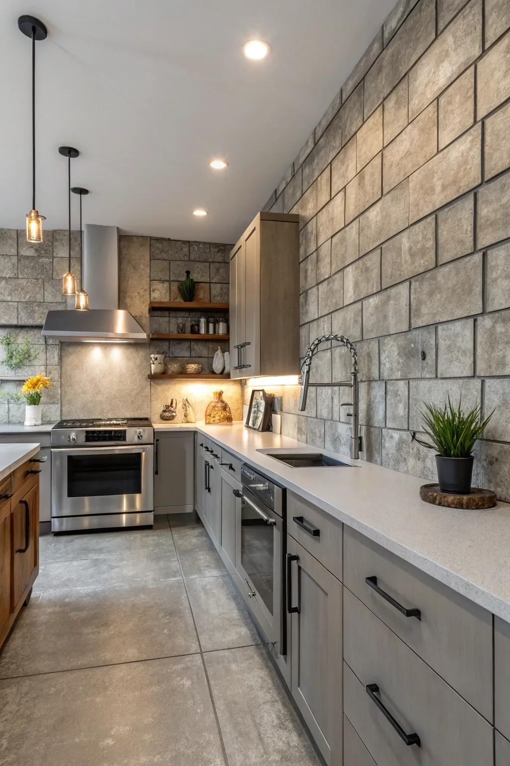 Concrete tiles add a raw, edgy vibe.