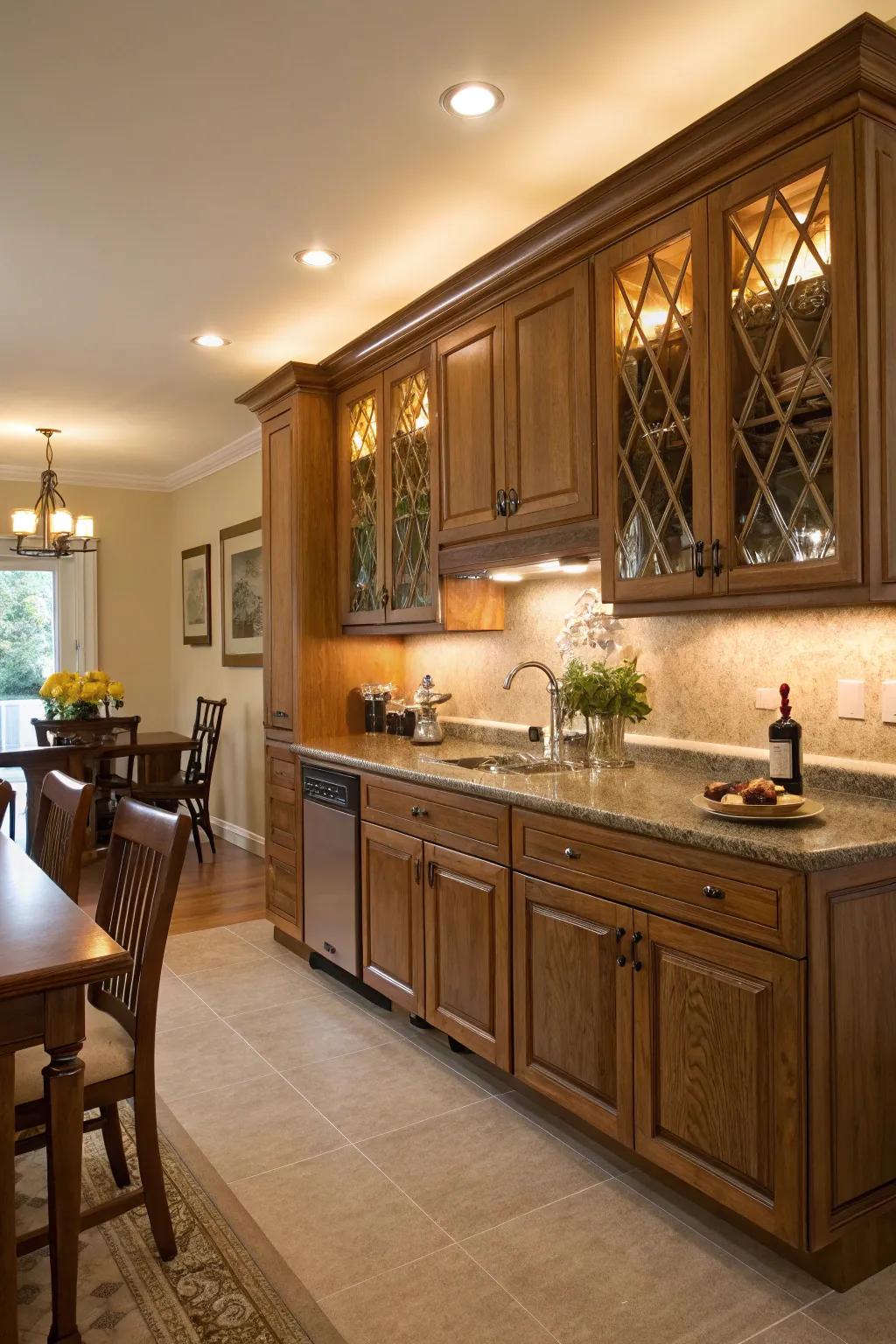 Under-cabinet lights highlight the elegance of oak cabinets, adding to their inviting allure.