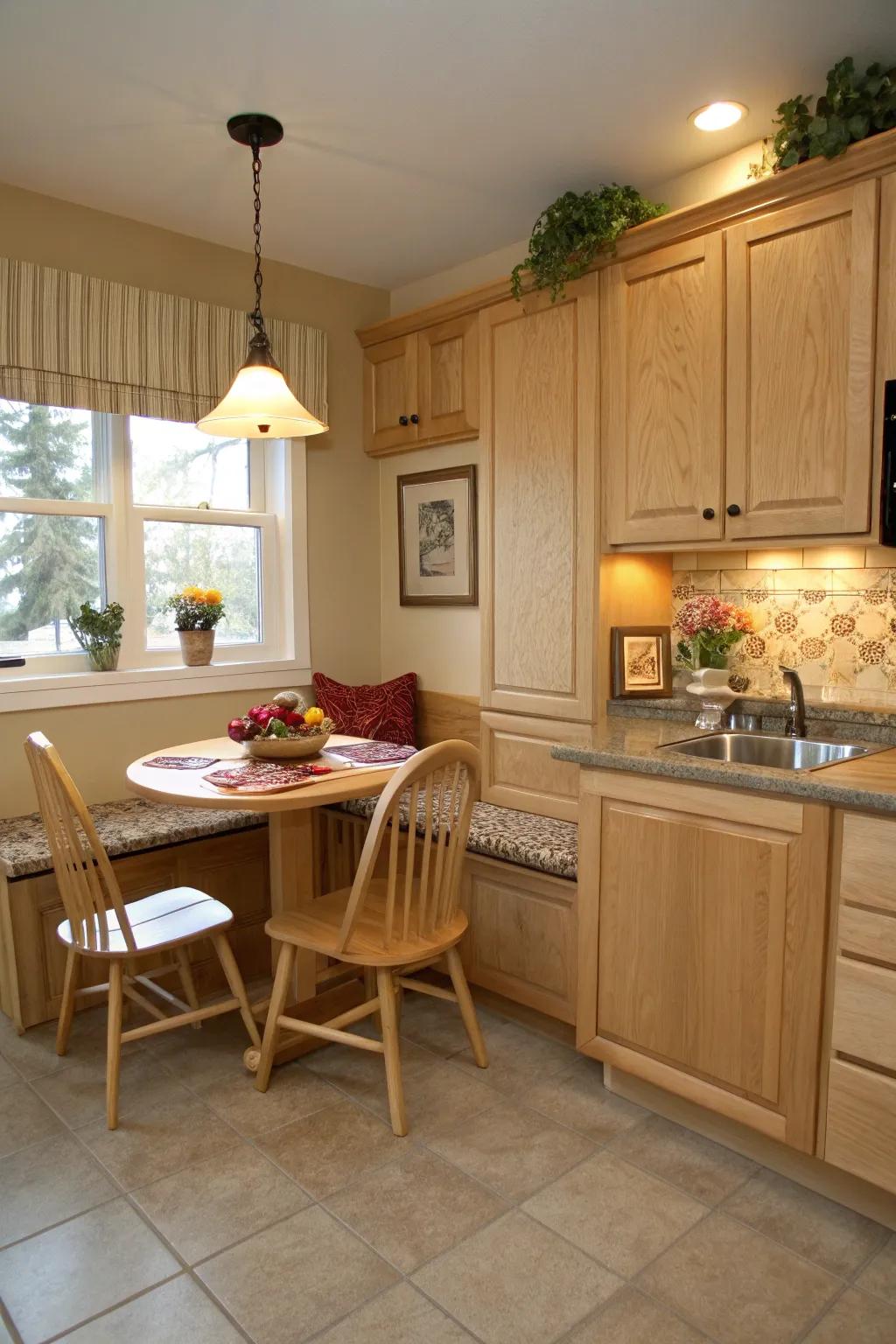 A cozy breakfast nook nestled among light maple cabinets offers a charming retreat.