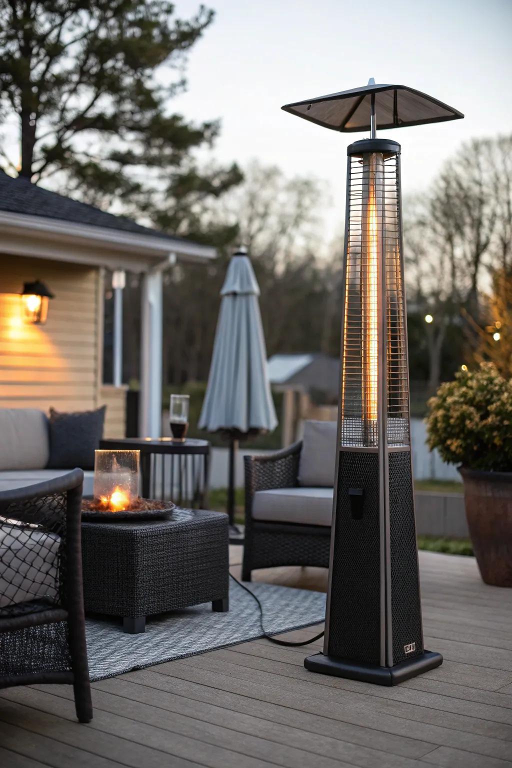 Portable heaters extend the usability of patios into cooler seasons.
