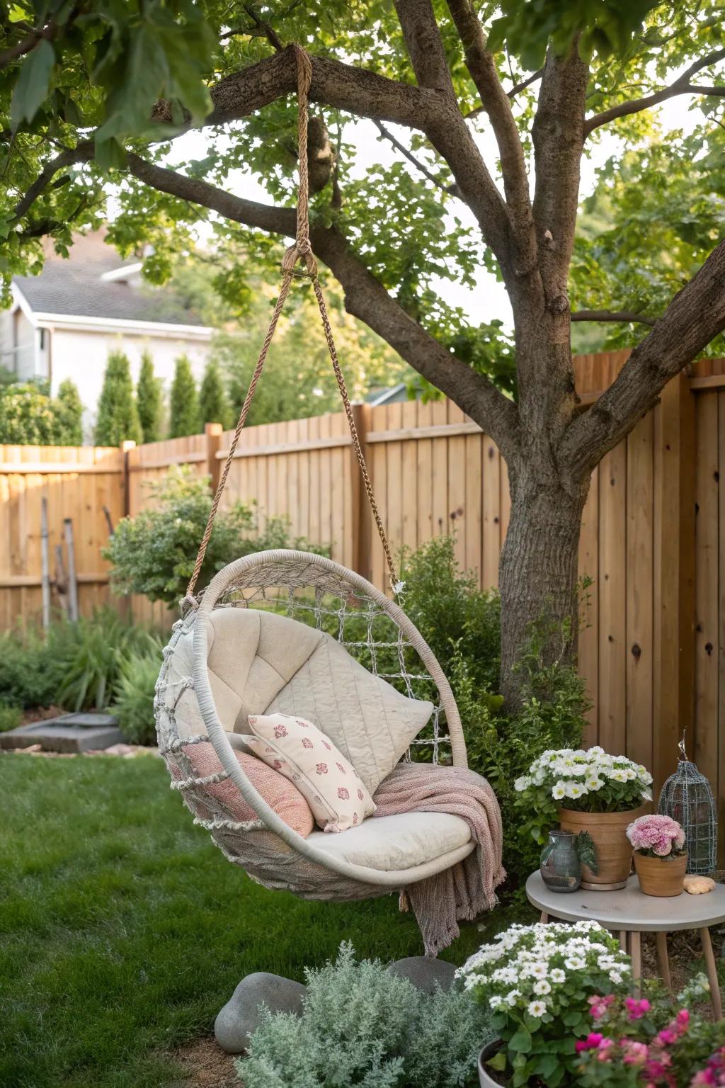 A hanging chair adds a bit of whimsy and relaxation.