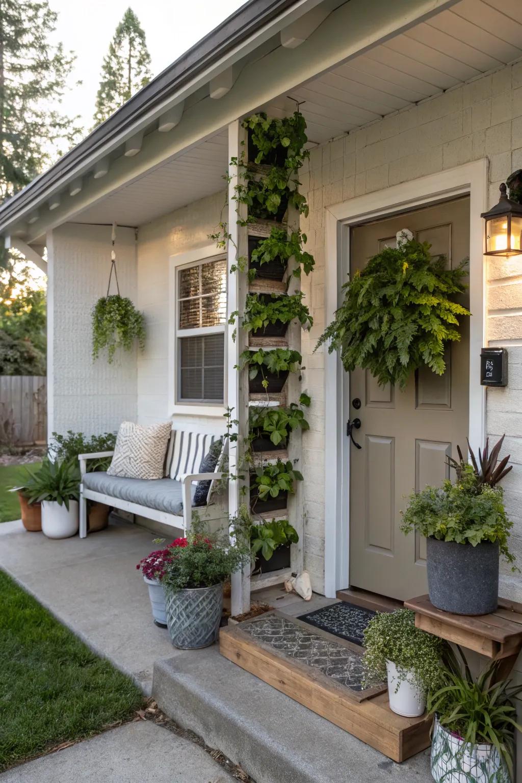 A small front porch featuring a lush vertical garden for added greenery.