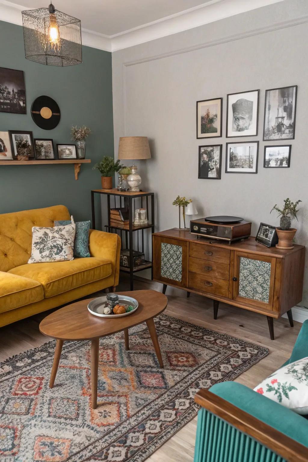 Retro elements complement a modern teal and grey living room.