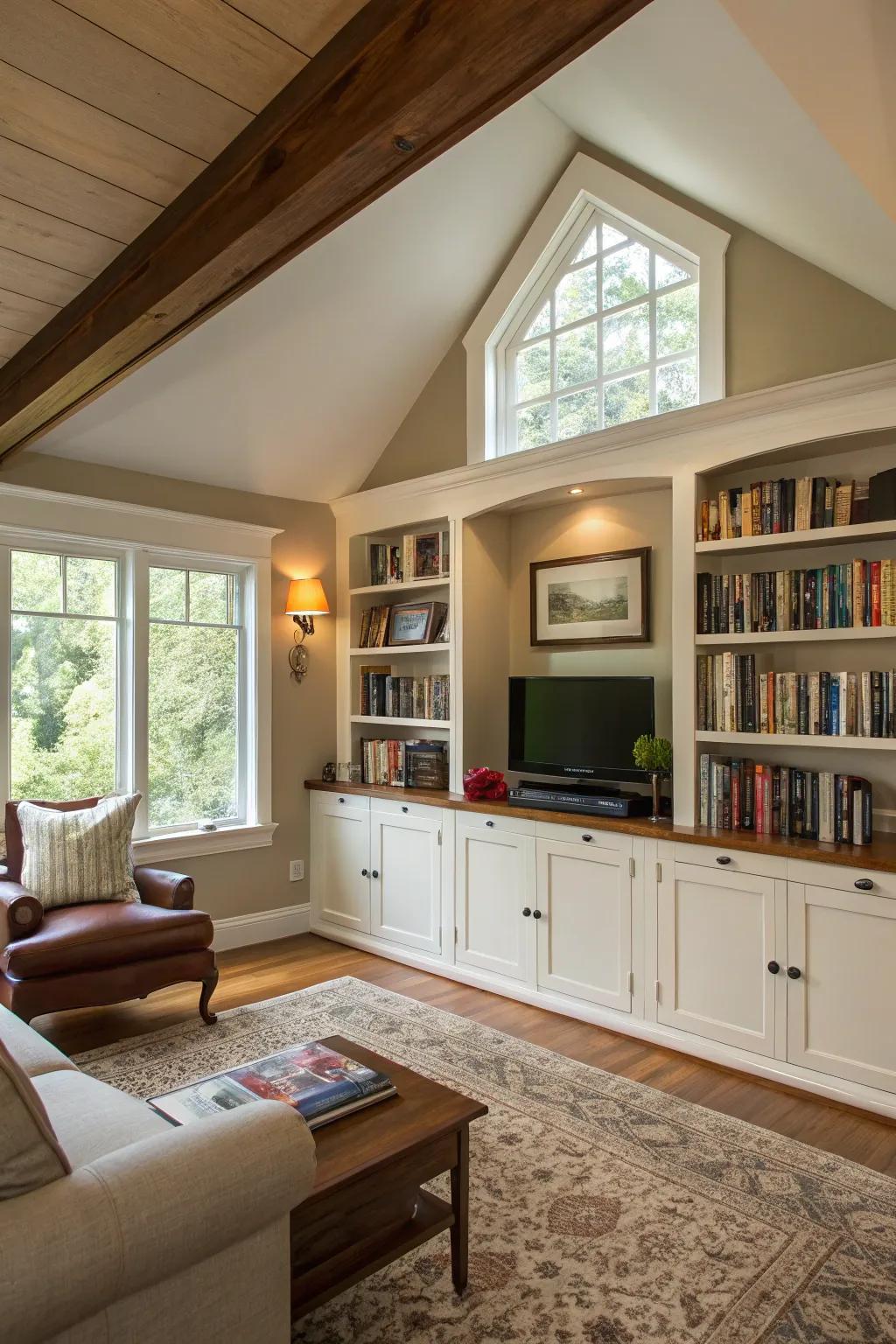 Clever storage solutions maintain the open impression of this high ceiling living room.