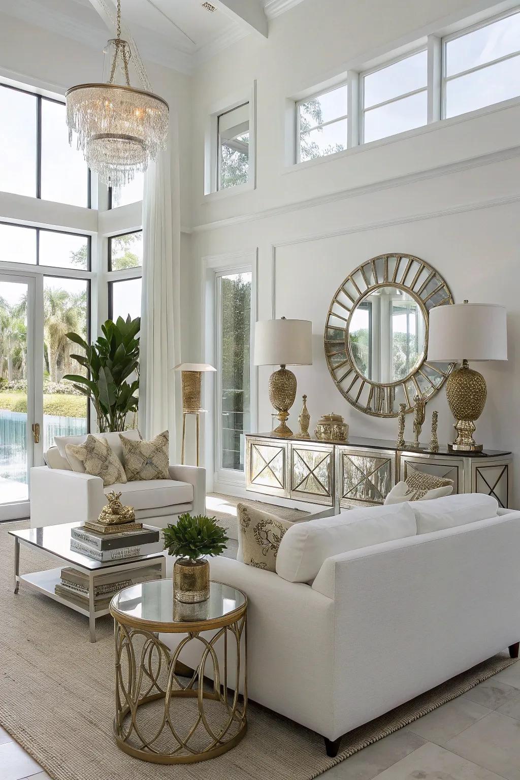 Metallic accents add a glamorous touch to a modern white living room.
