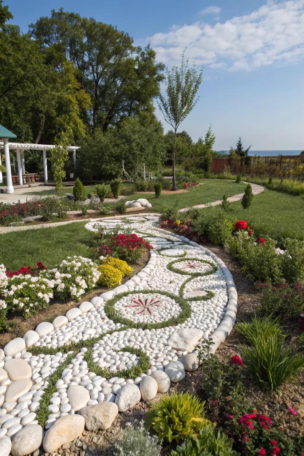 A garden showcasing inventive designs crafted from alabaster stones, morphing the scenery into art.
