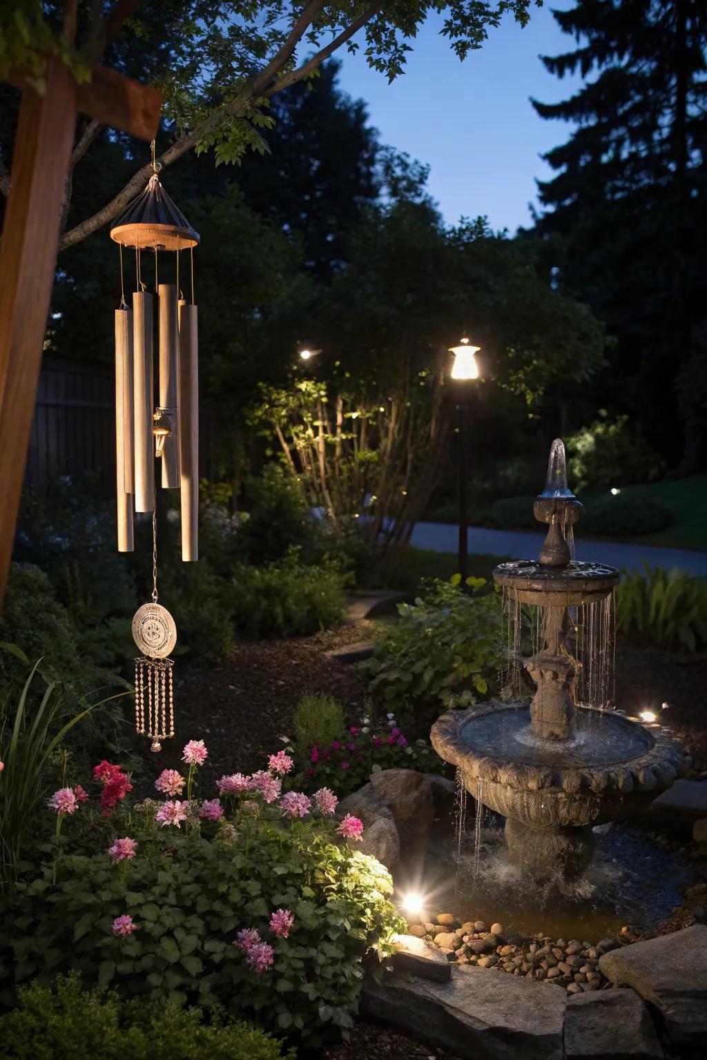 Windchimes and fountains add soothing sounds to the garden.