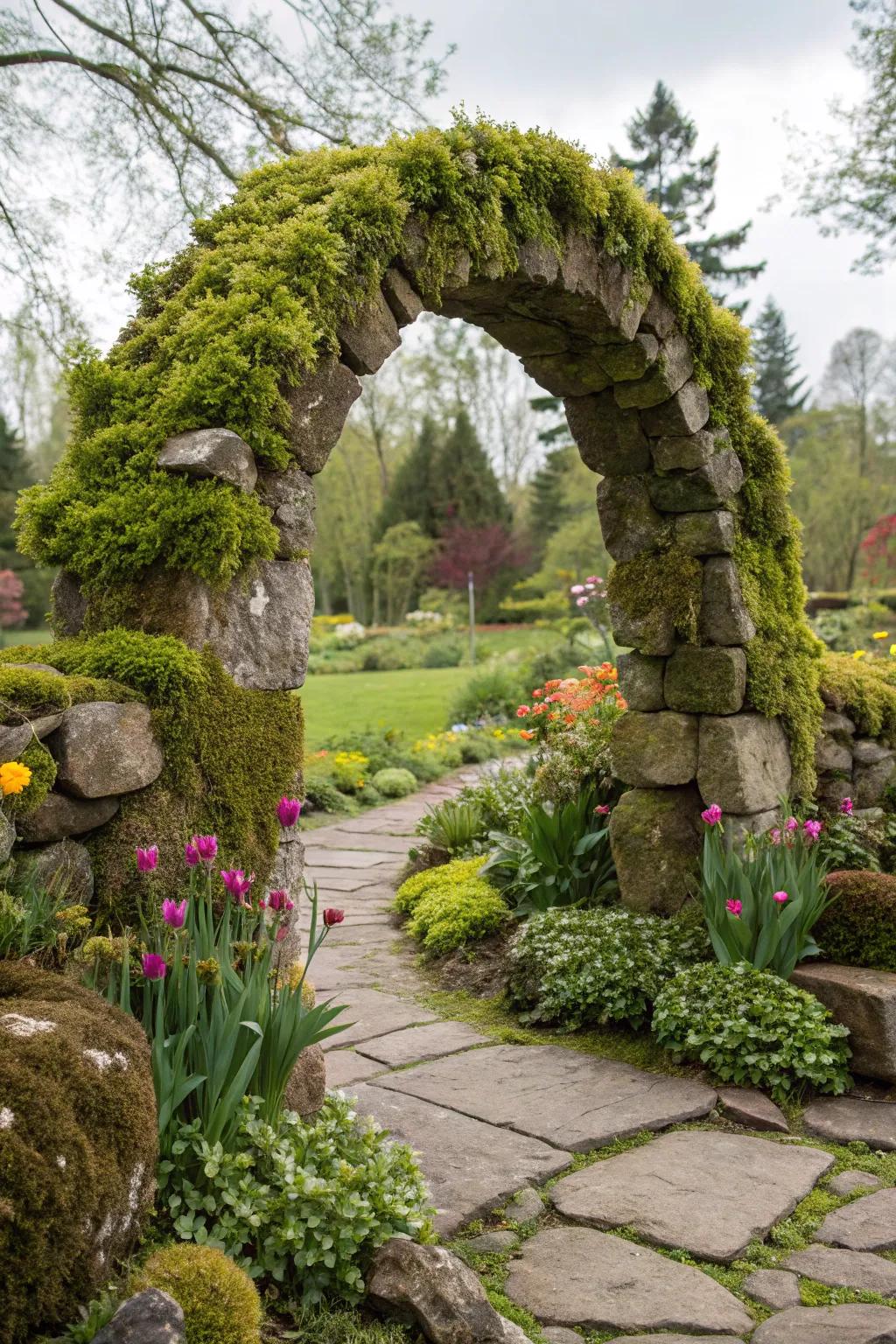 A stunning garden portal fashioned by moss-draped rocks.