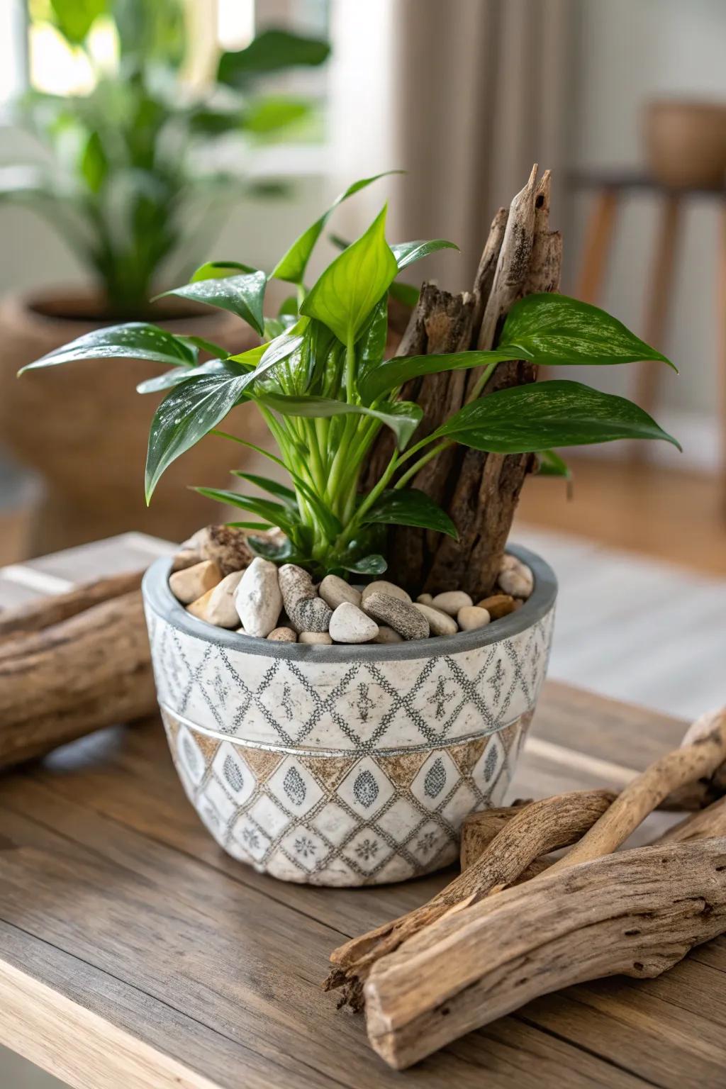 A nature-inspired flower container with organic components.