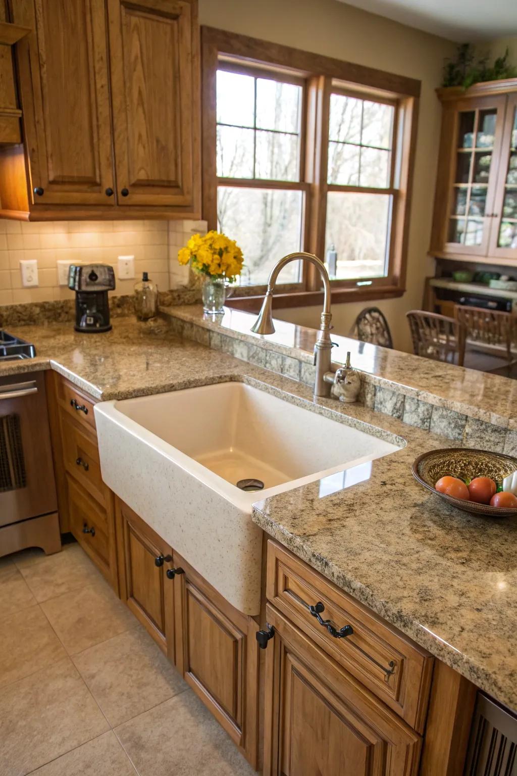 The farmhouse sink unites sophistication with practicality in this kitchen.