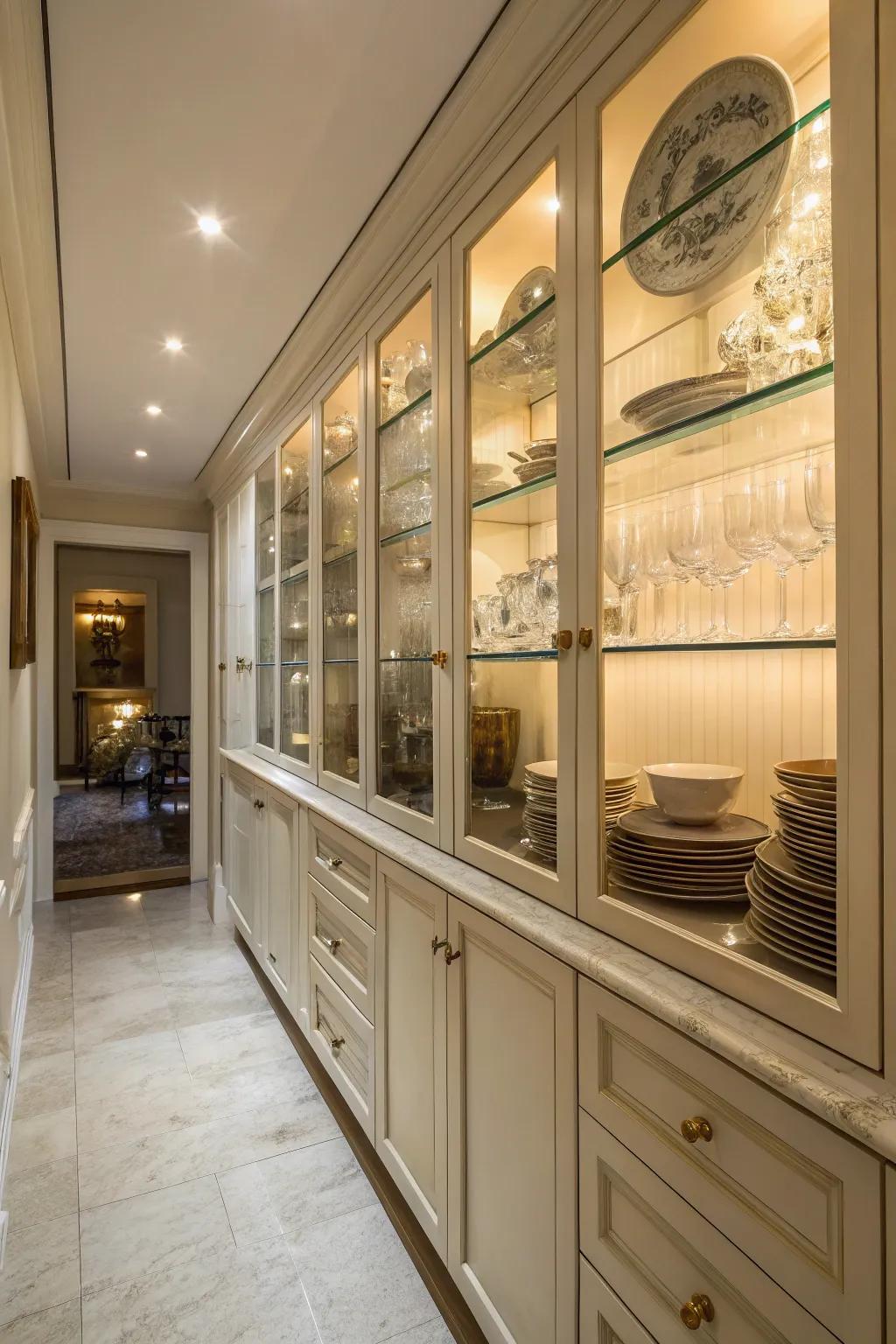 Chic glass-front cabinets in a slender kitchen exhibiting elegant dishware.