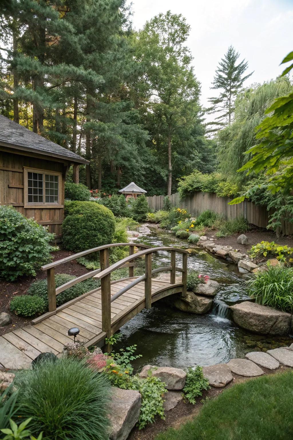 A charming bridge crossing a tranquil garden stream.
