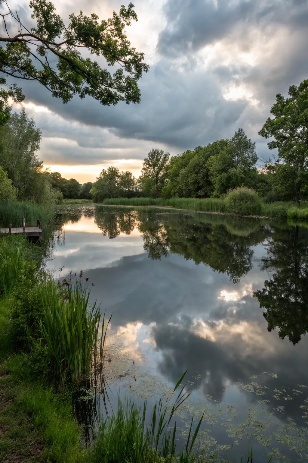 A reflective pond surface enhancing the beauty of its surroundings.