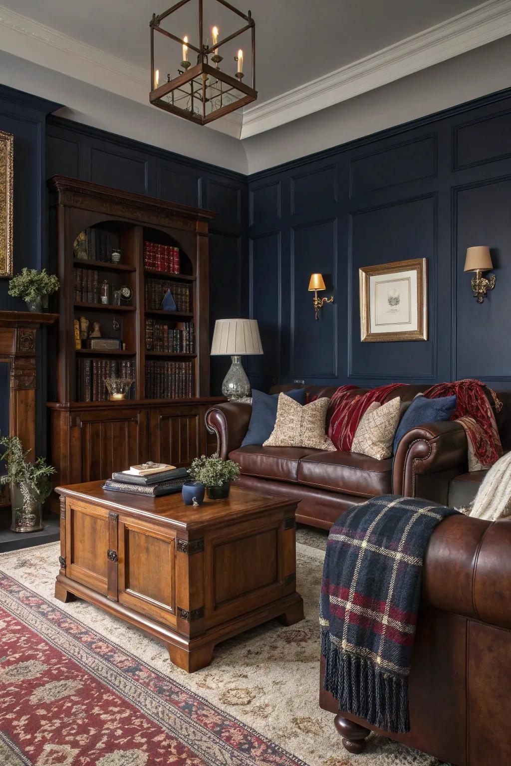 Navy and rich stained wood create a sophisticated living room.