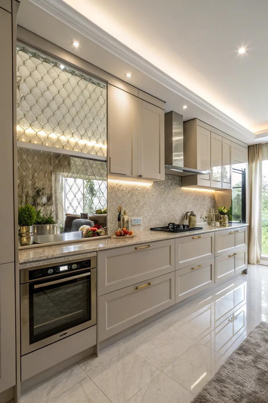A mirrored splashback adds unexpected depth and brightness.