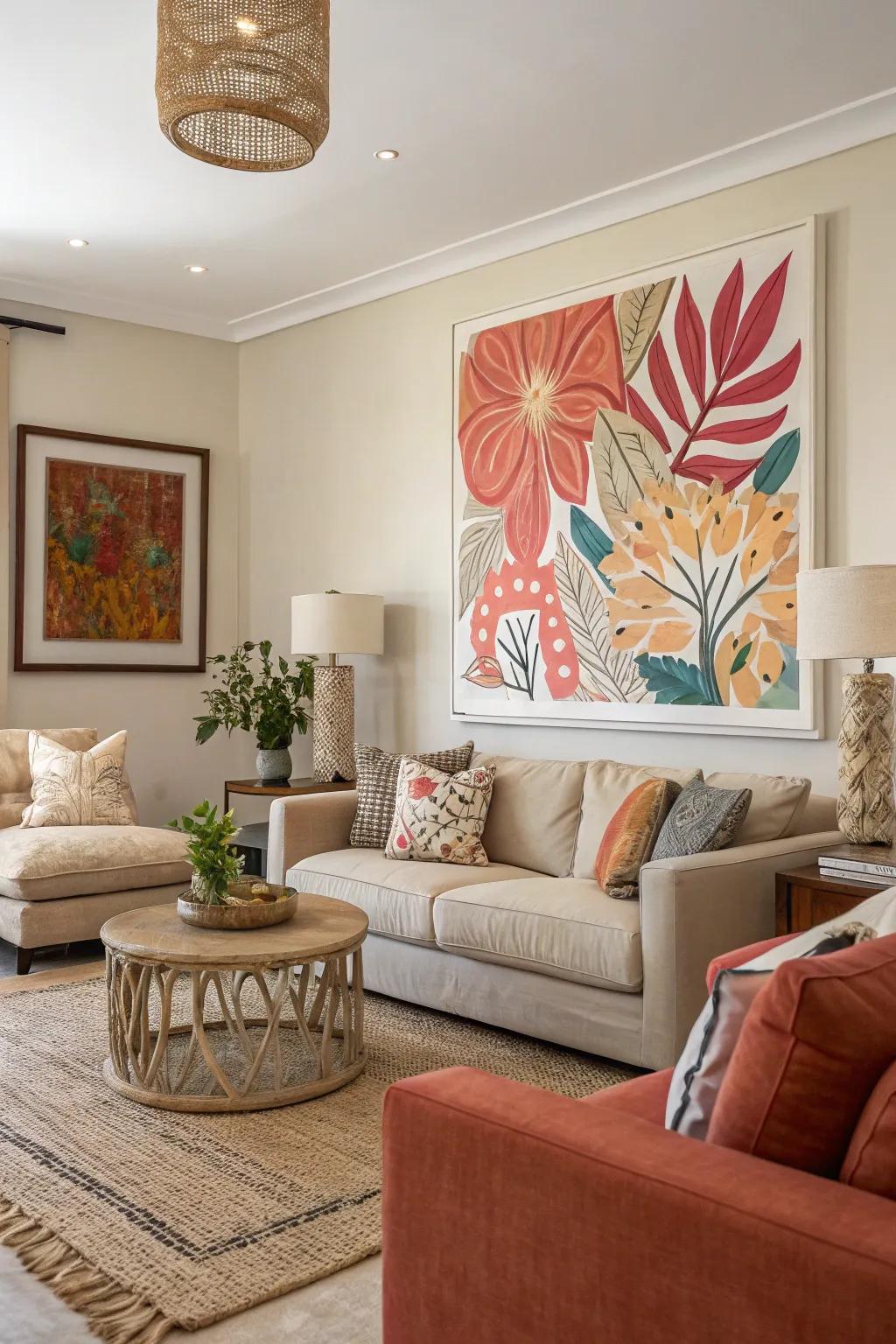 Bold artwork injects personality into a neutral living room setting.