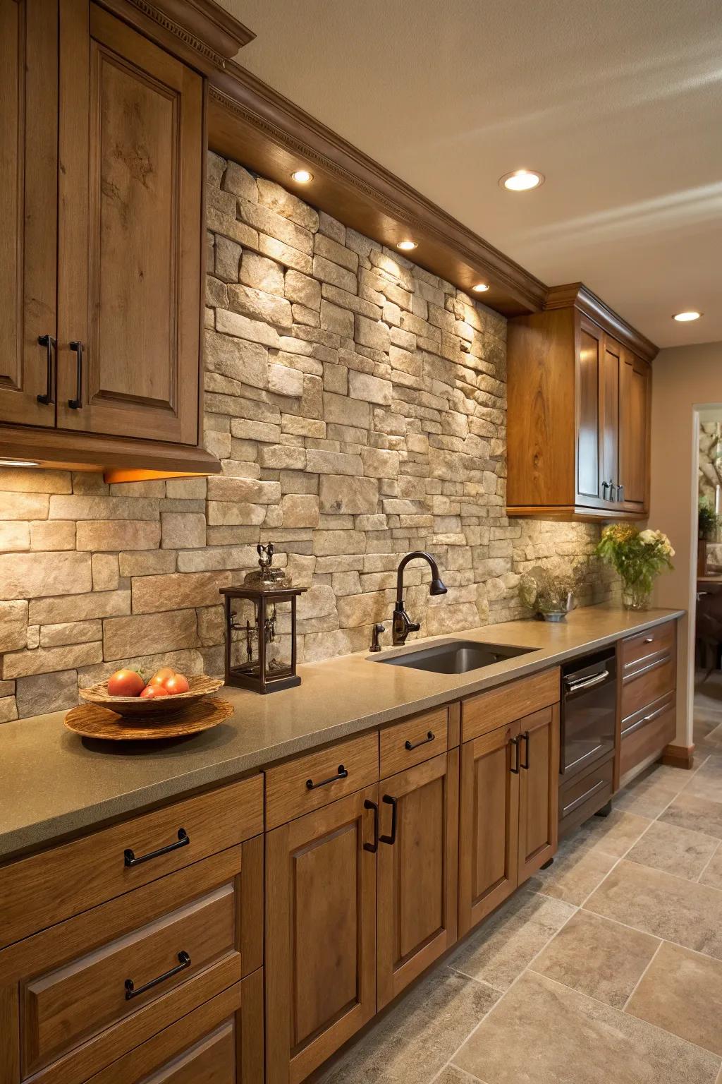 Rock covering backsplashes offer a natural and textural kitchen feature.