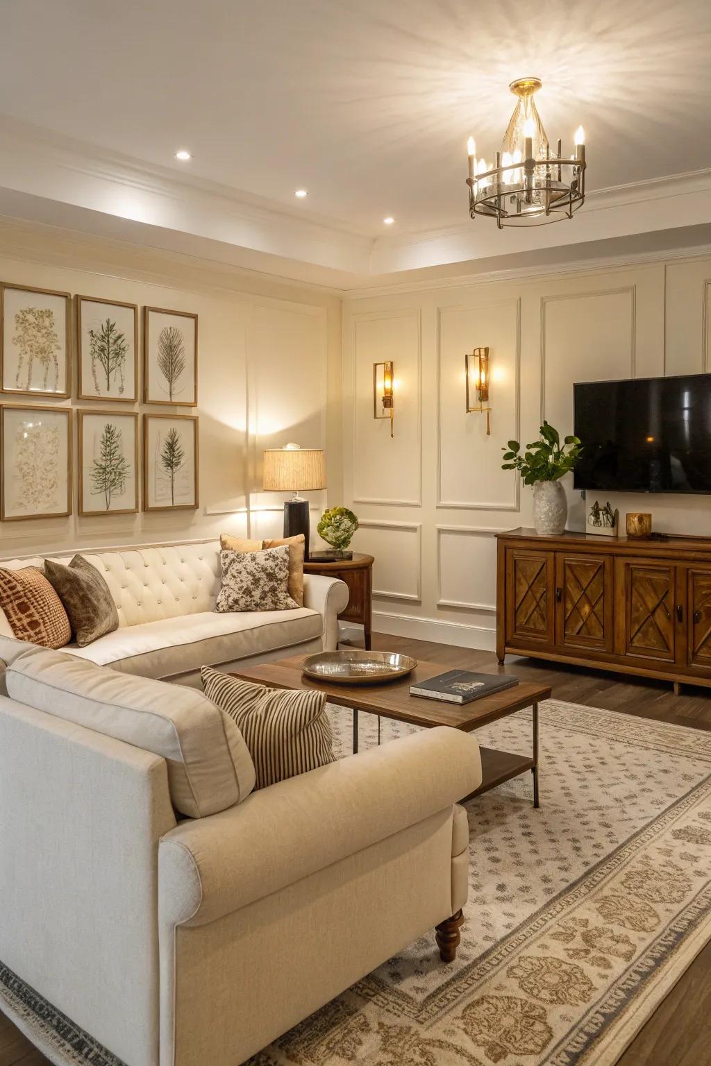 Varied textures add visual dimension to a pale ivory living room.