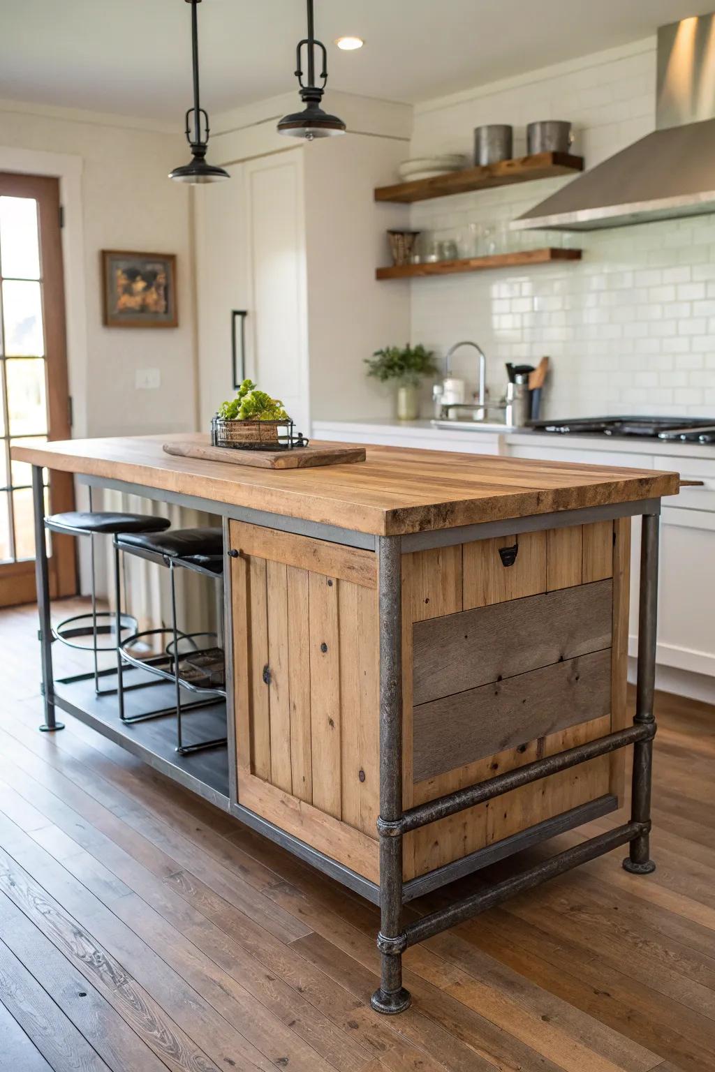 A mix of materials on the island adds texture and depth to the kitchen.