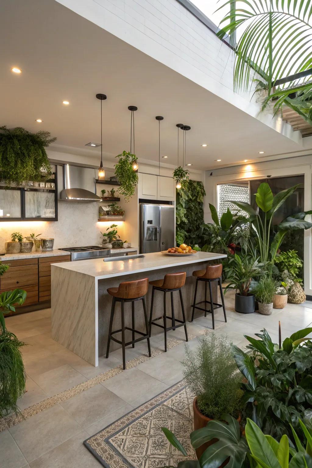 Indoor plants infuse the kitchen with natural vibrancy and freshness.