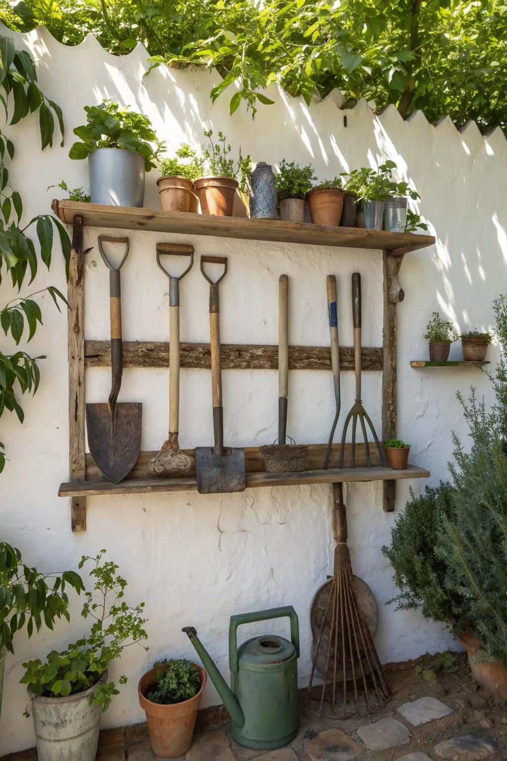 Elevate your garden aesthetics with a minimalist tool display that marries functionality and style.