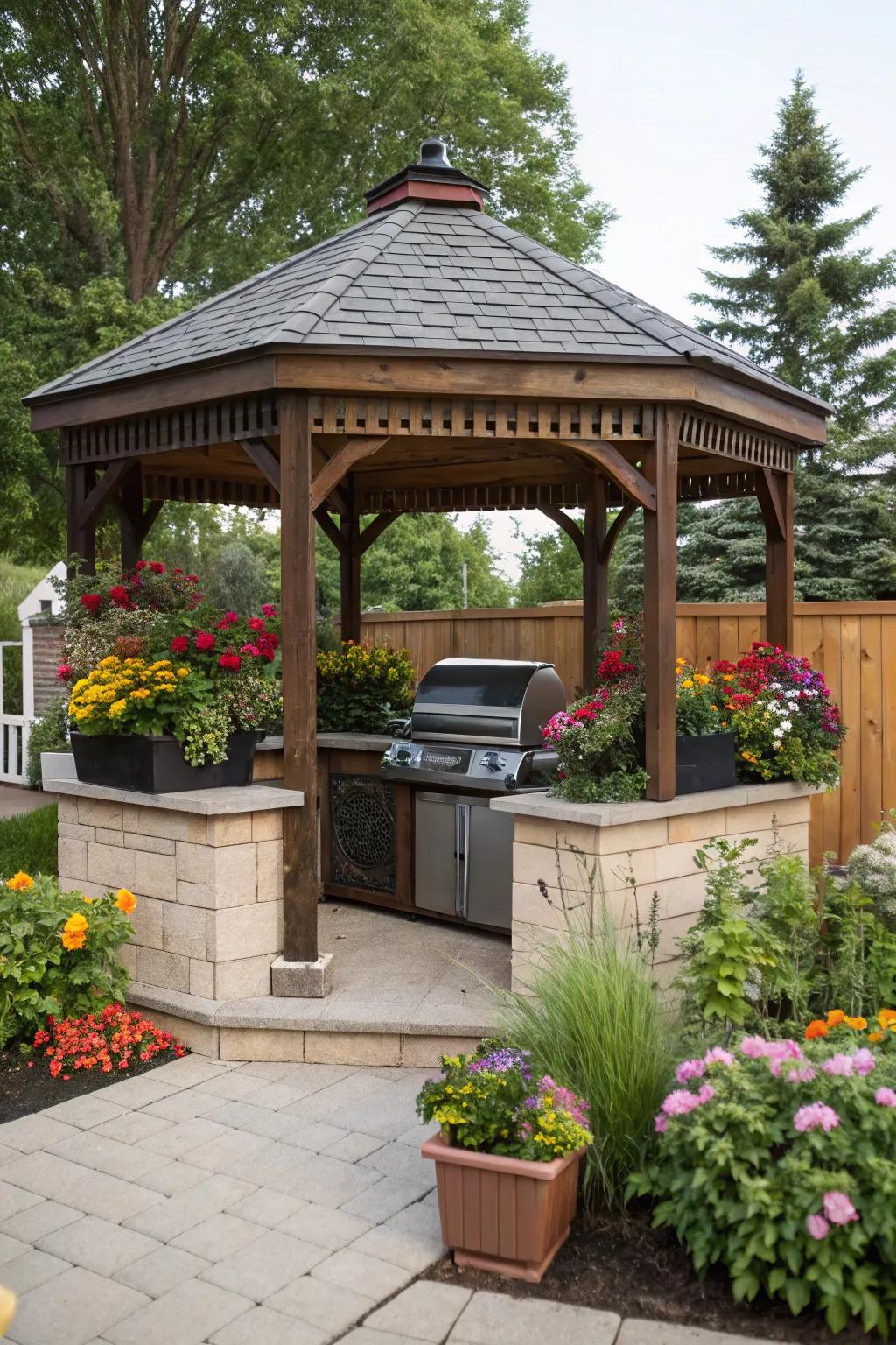 A gazebo with planters adding a fresh, vibrant feel to the grilling space.