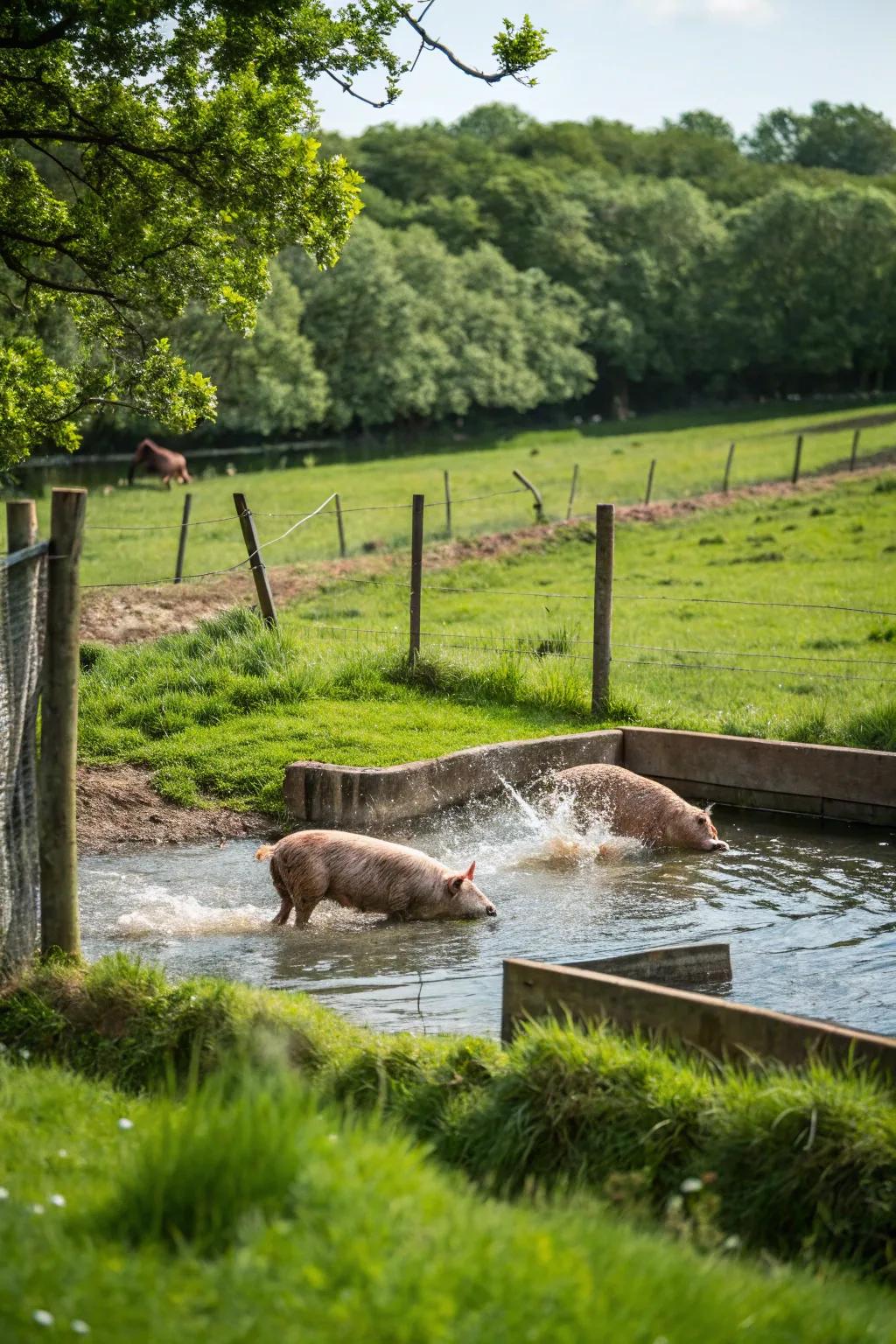 A refreshing water element to keep pigs cool and entertained.