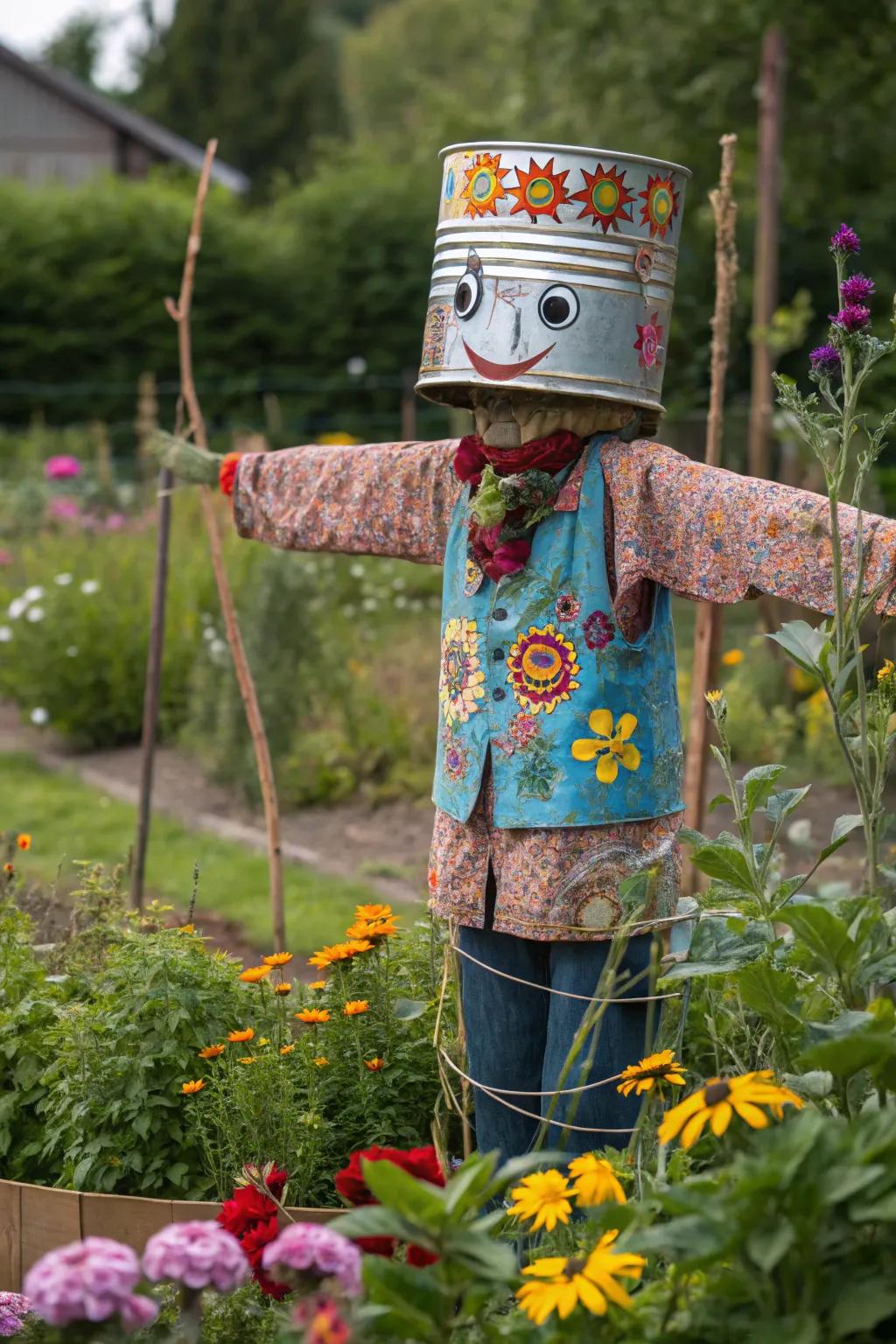 A painted tin can head brings whimsy to your scarecrow.
