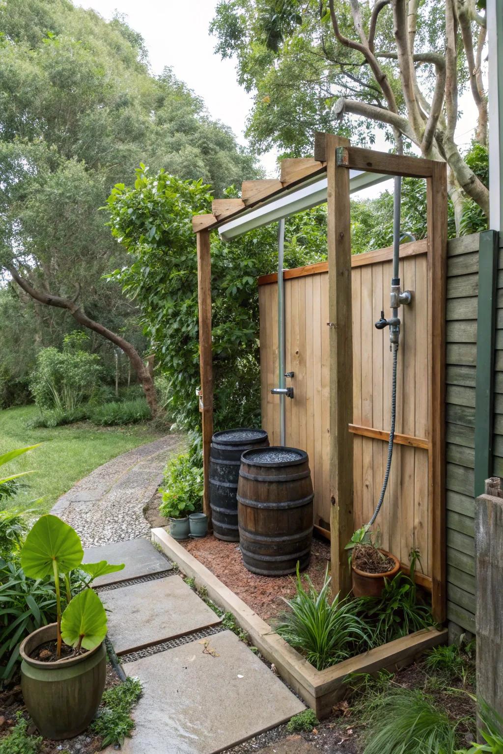 An eco-friendly outdoor shower utilizing a rainwater system.