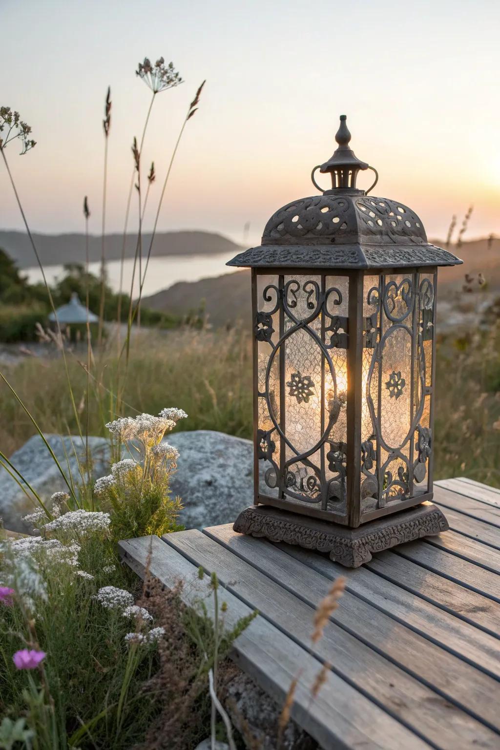Illuminate your garden with vintage charm and modern solar technology. Perfect for a cozy evening outdoors.