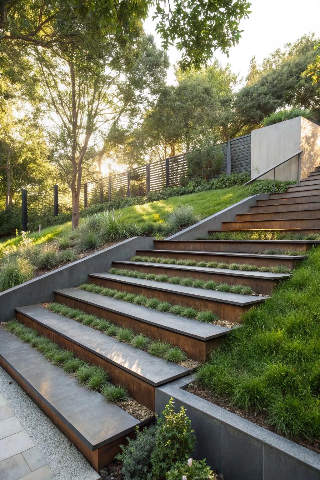 Steel and grass steps blend modern design with natural elements.