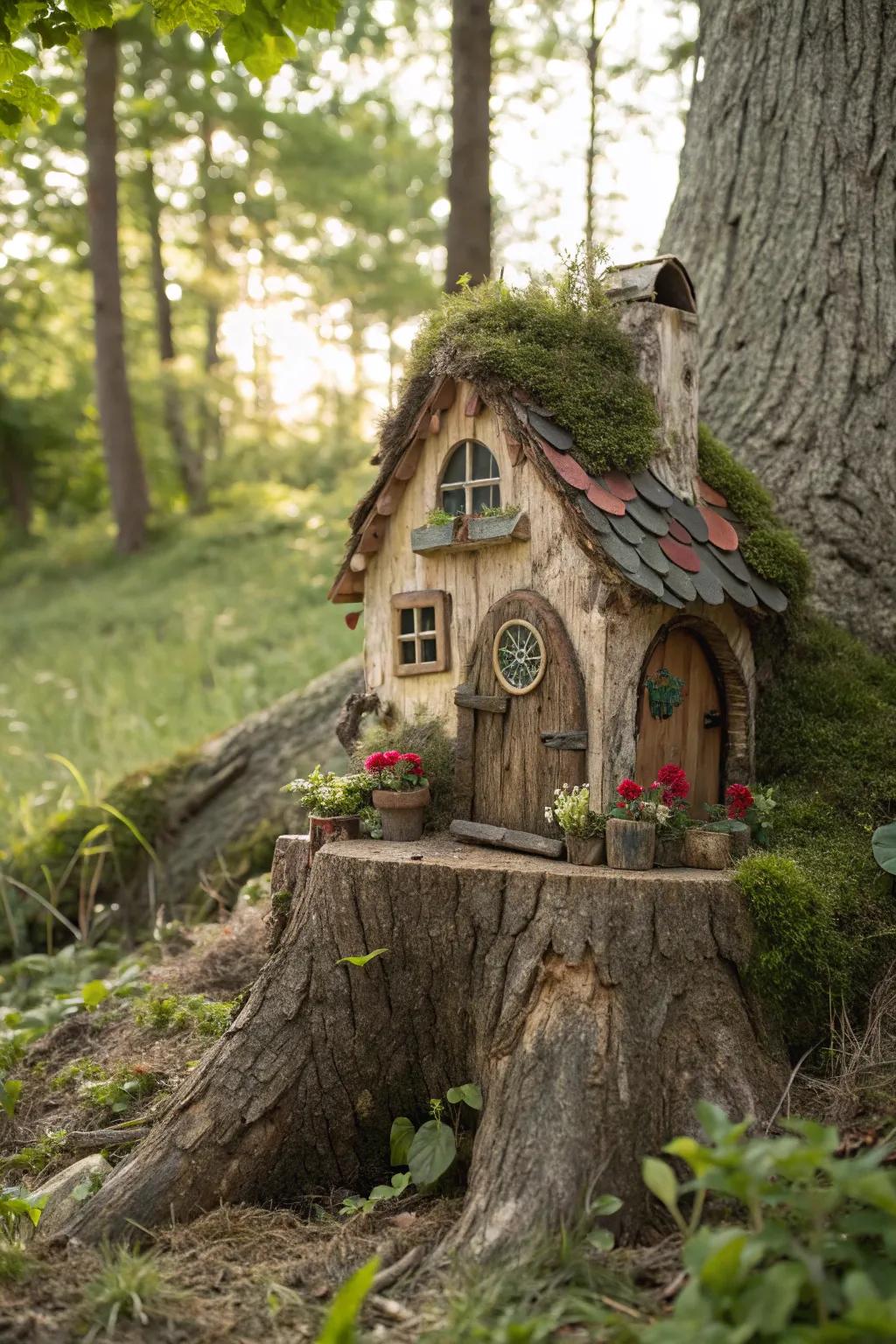 A gnome home on a stump sparks imagination and delight in the garden.