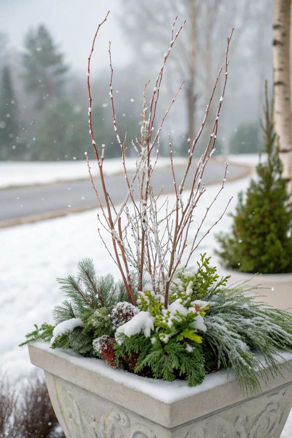 White highlights produce striking contrast in winter arrangements.