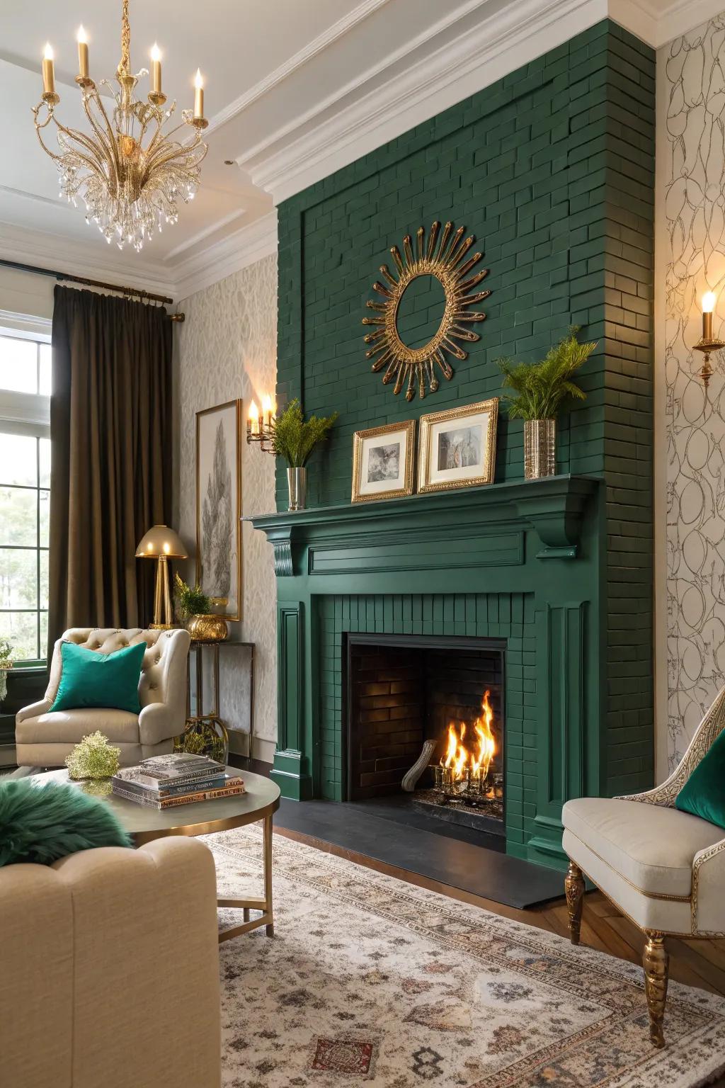 An emerald green-painted fireplace adding elegance.