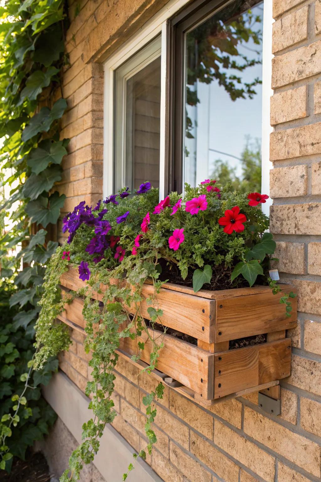 Transform your home's exterior with a handcrafted pallet window box bursting with vibrant blooms.