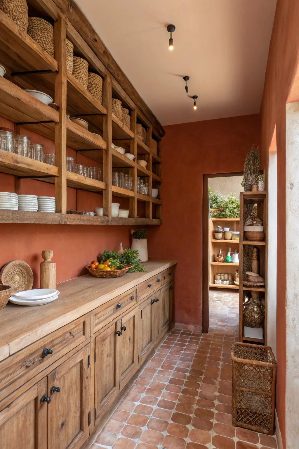 An earthy terracotta pantry that exudes rustic charm.