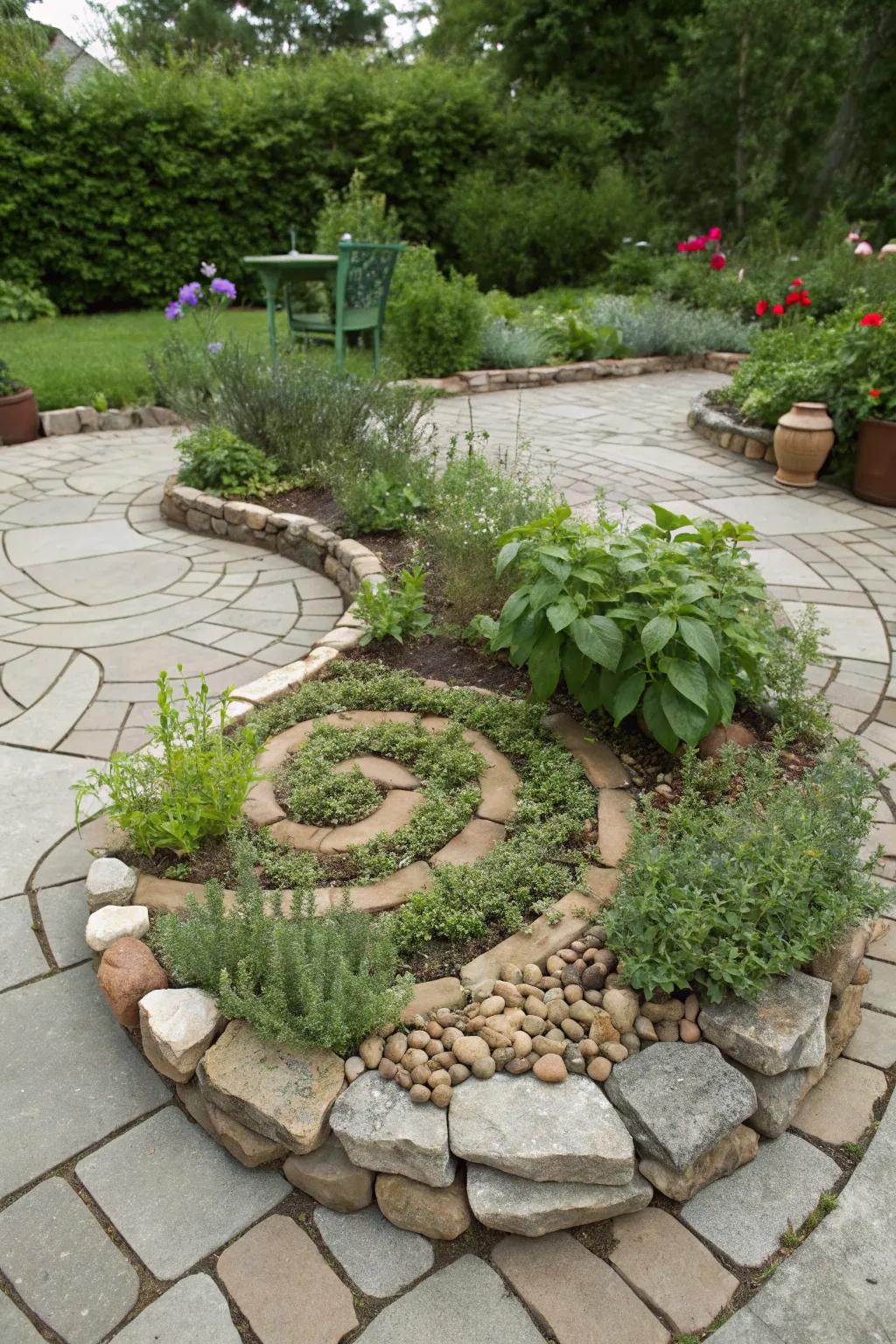 An herb spiral offers a unique, eye-catching garden feature with diverse growing conditions.