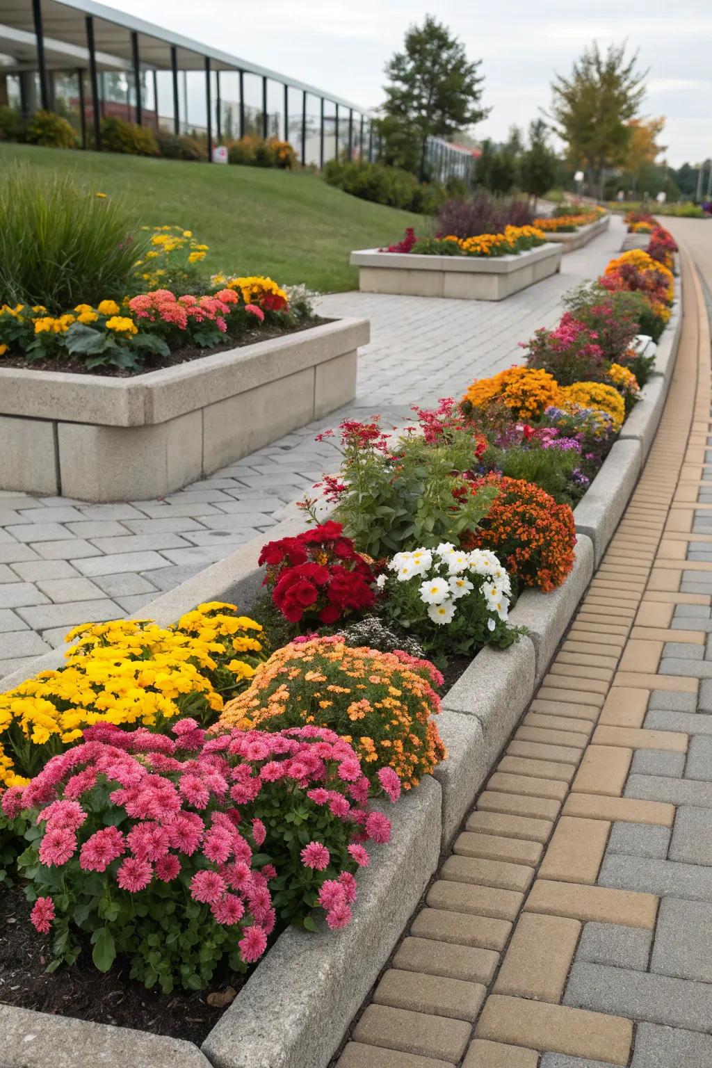 Highlight season-specific blooms with colorful block beds.