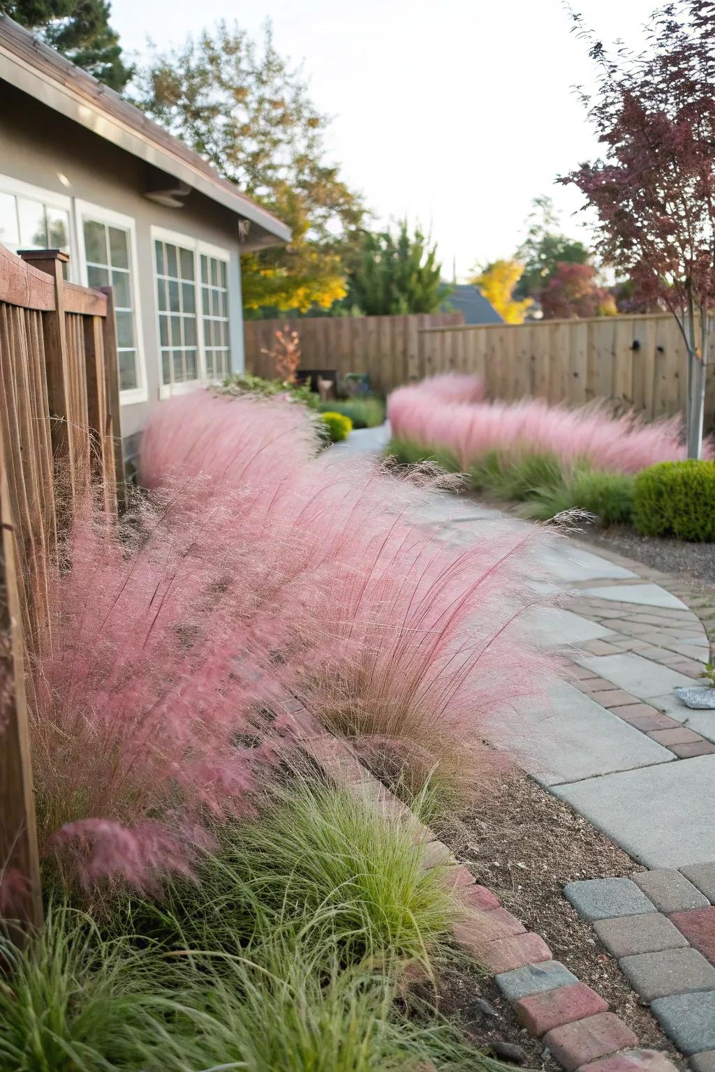Enjoy privacy with a beautiful pink muhly grass screen.