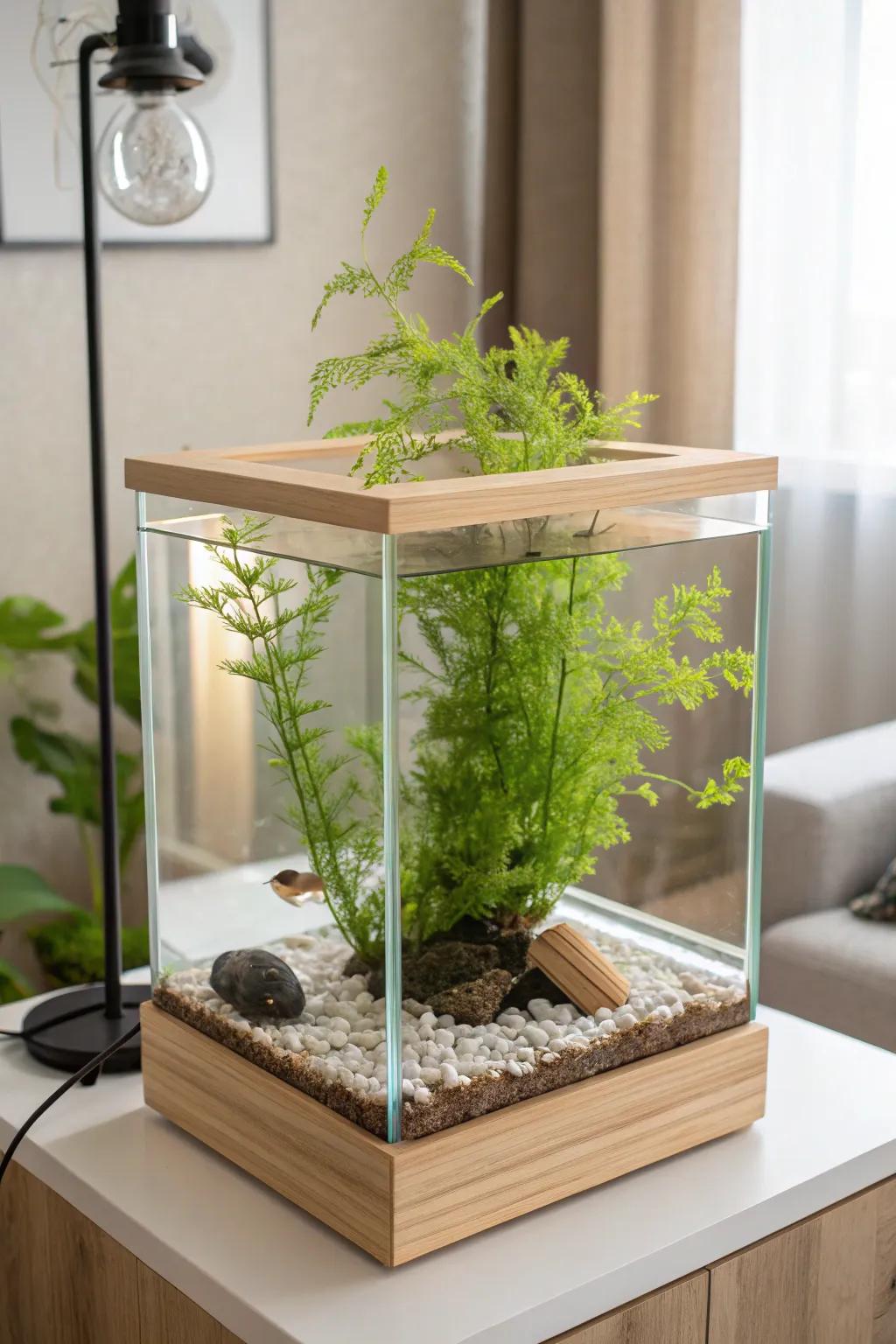 A sanctuary of play and tranquility: Discover the beauty of a minimalist goldfish tank with Hornwort.