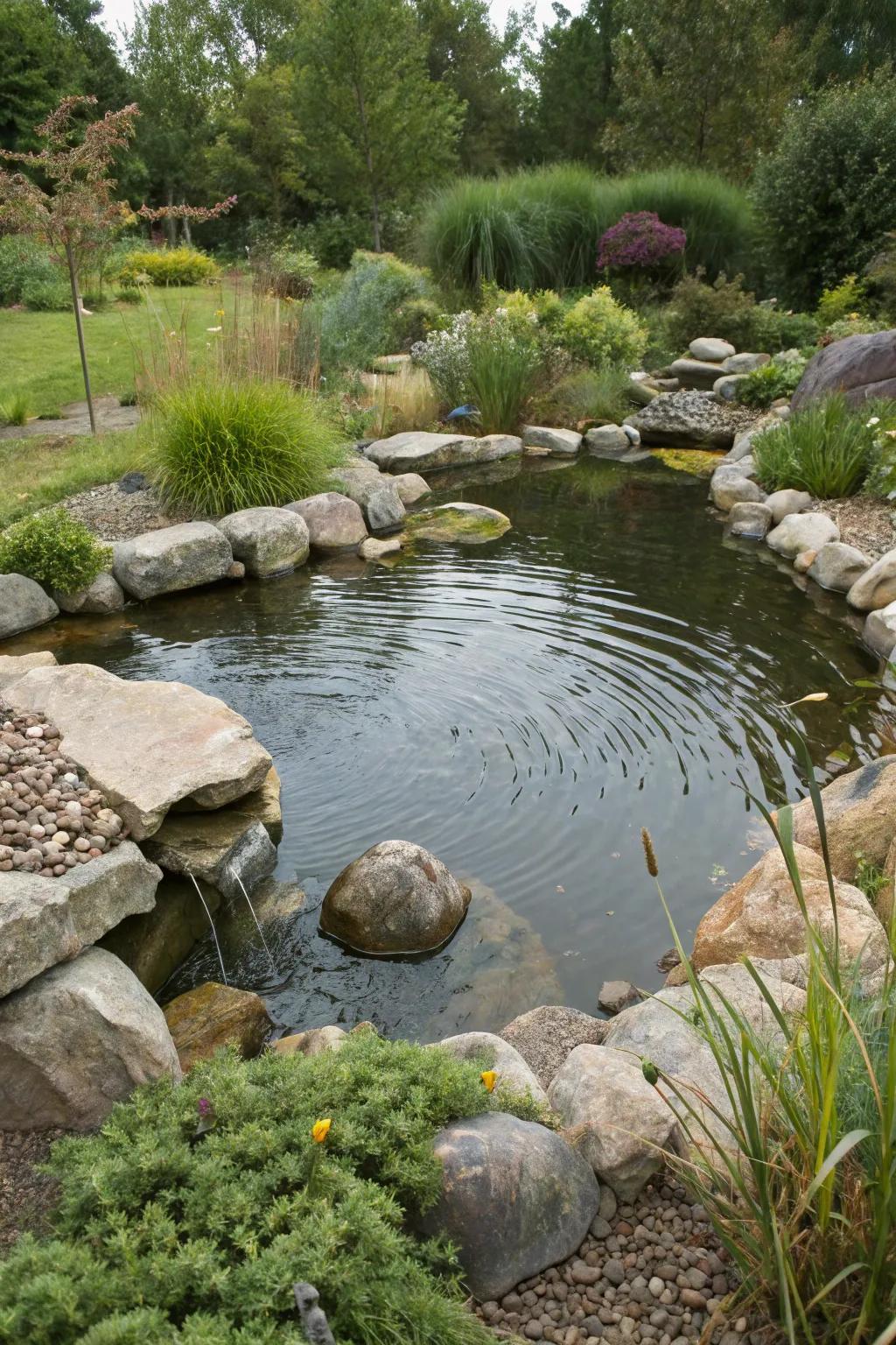 A no-liner pond using natural materials for a sustainable and ecological design.
