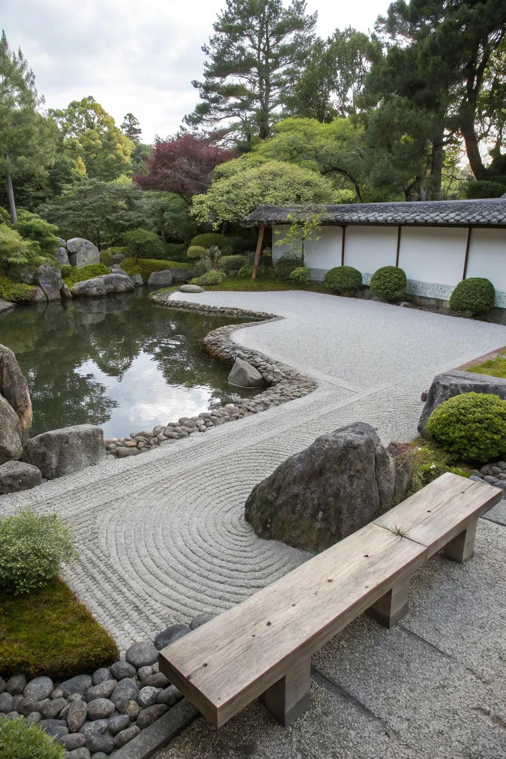 Zen rock garden seating offers a meditative space by the pond.