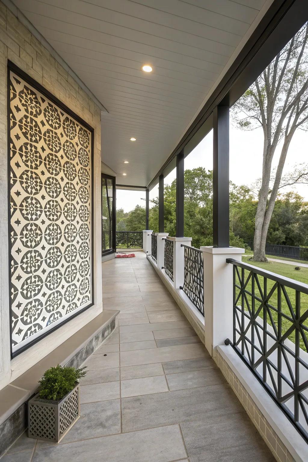 A modern porch with a geometric-patterned knee wall.