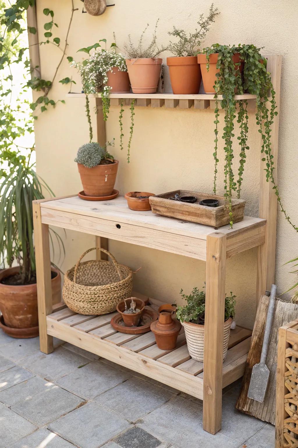Elevate your potting space with a stylish overhead shelf – perfect for adding charm and functional storage without compromising your workspace.