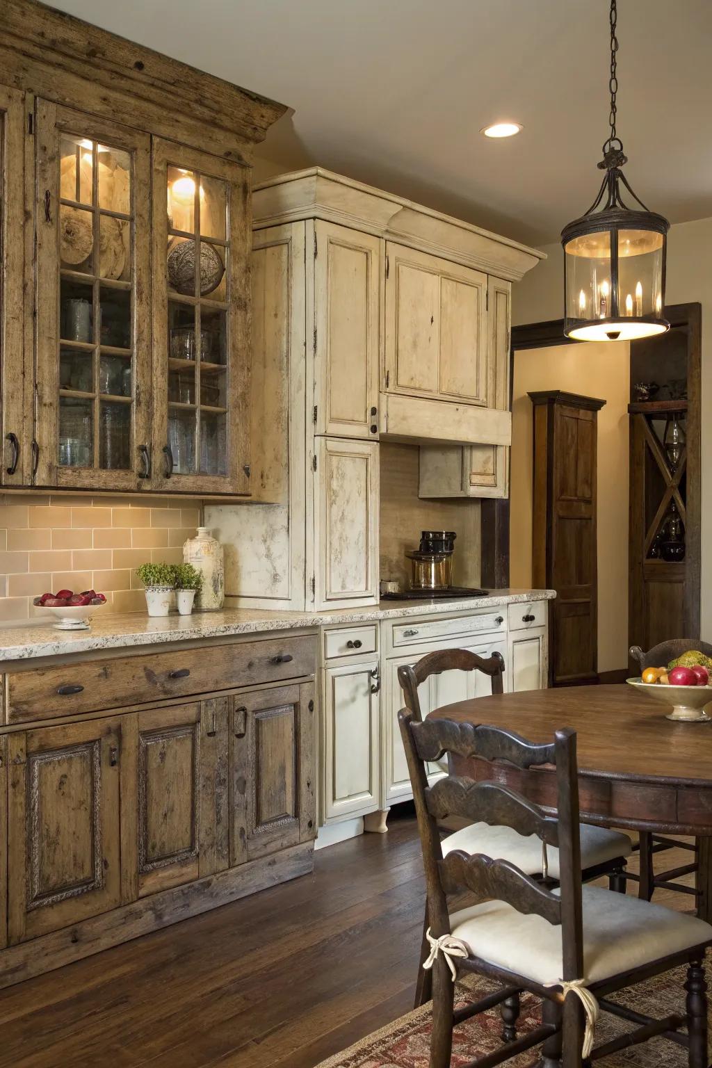 Distressed furniture adds character and a lived-in feel.