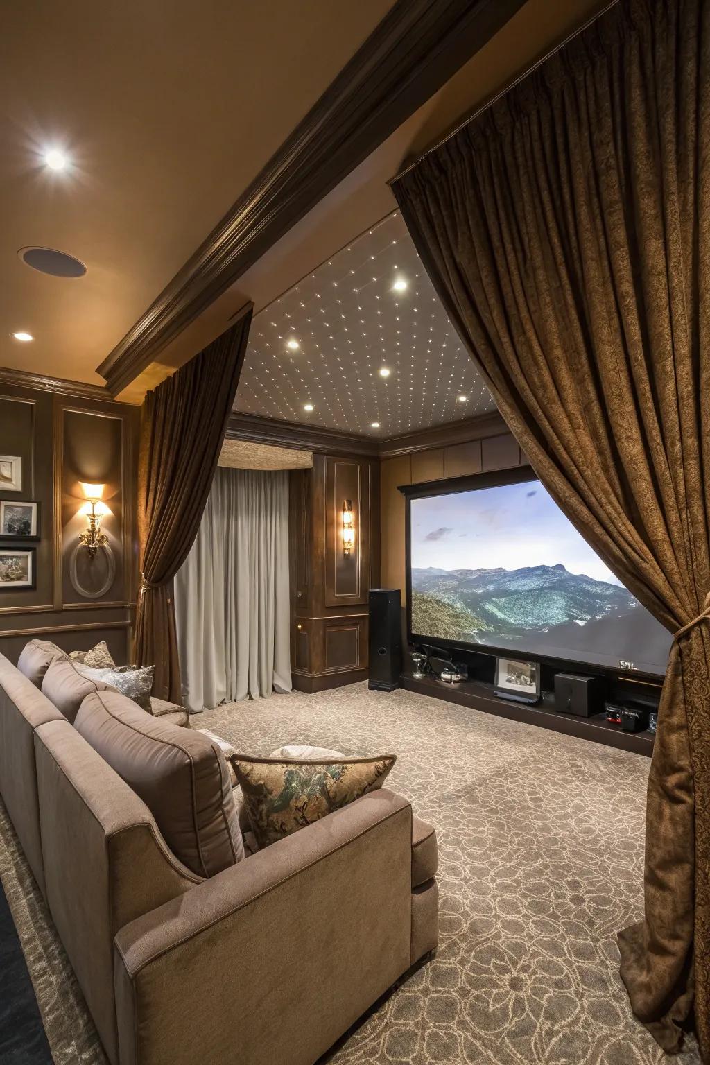Drapes add elegance and improve lighting control in the projector area.