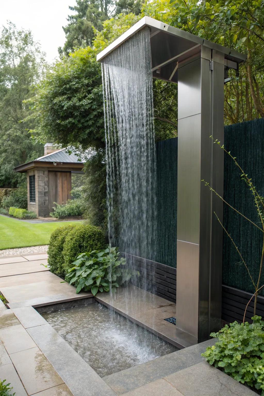 Elevate your patio experience with a striking rain curtain that combines art and sustainability.