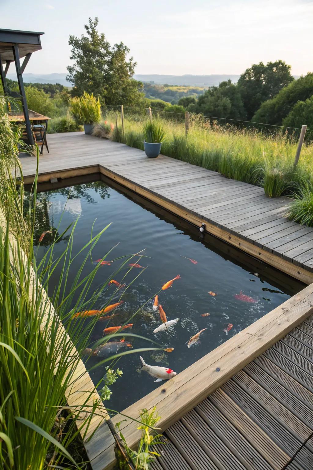 An immersive experience with a buoyant deck around the pond.