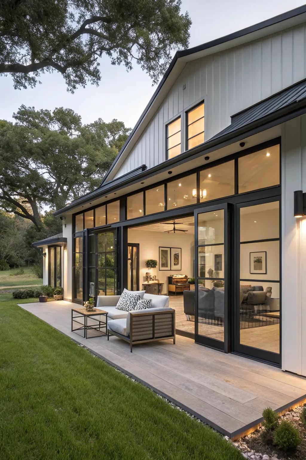 Dark window frames lend a modern touch to this stylish ranch house.