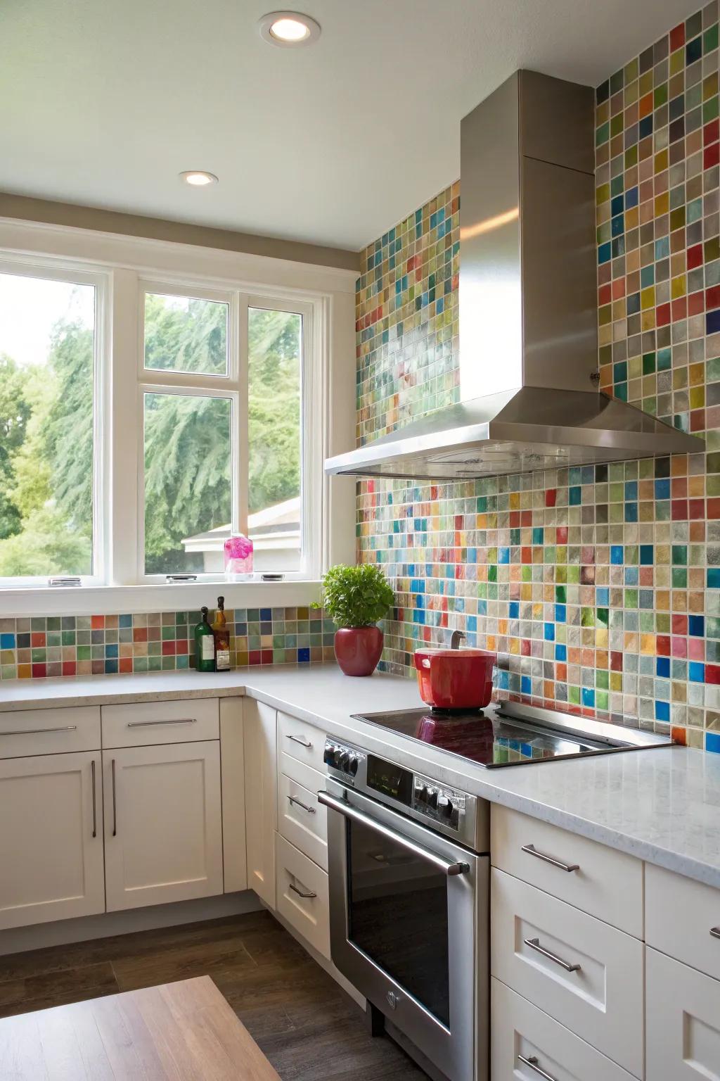 A kitchen featuring a glass patterned splash guard adding sparkle to a simple vent hood.